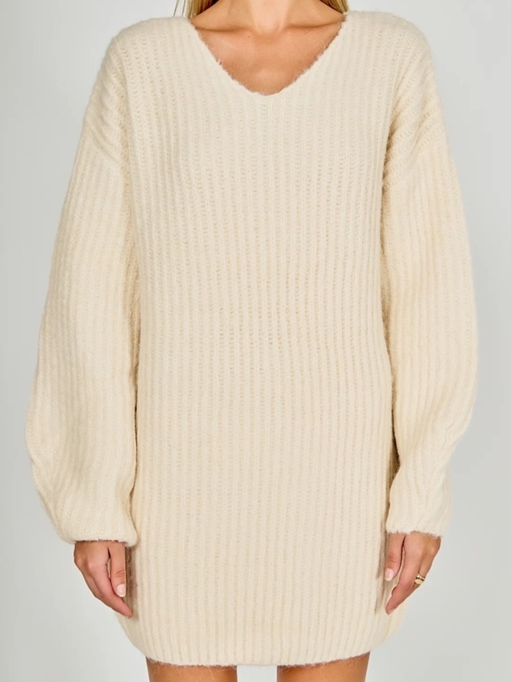 Endless Rose Cream V-Neck Oversized Ribbed Sweater Dress